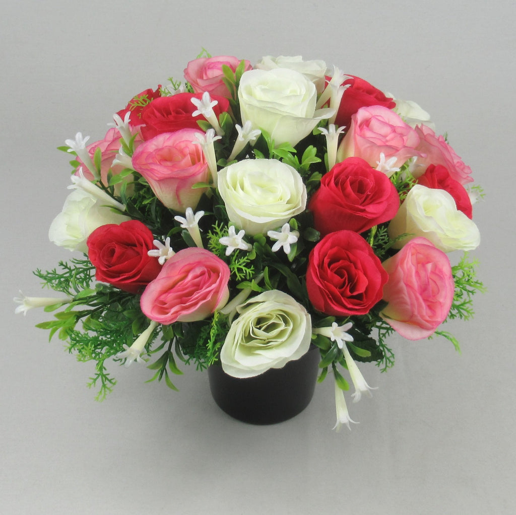 Artificial silk Grave flowers in memorial pot Pink Rosebuds Long Lasting 25cm