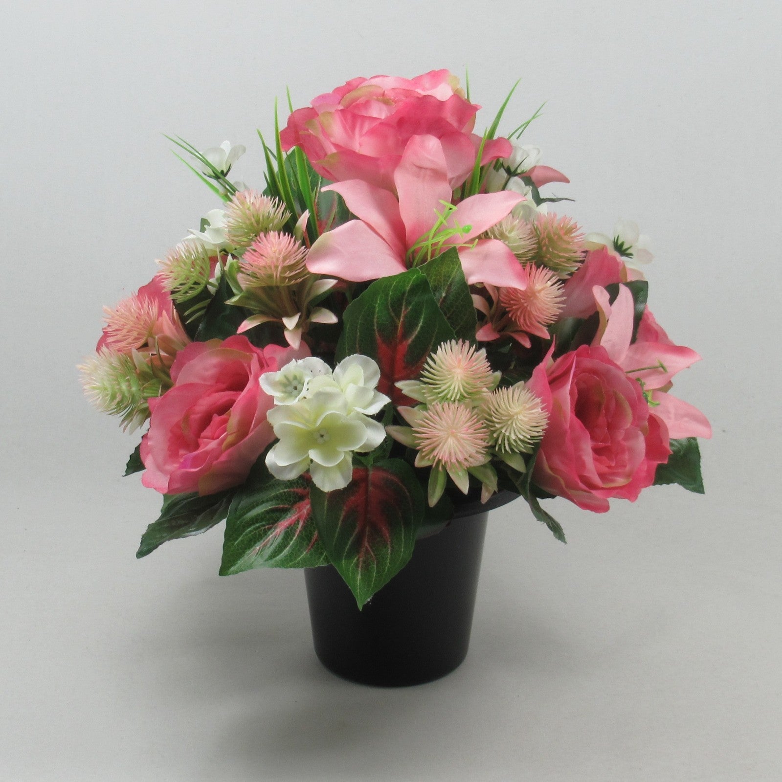 Artificial Grave Flower Arrangement in Pot Pink rose lily 26cm Long Lasting