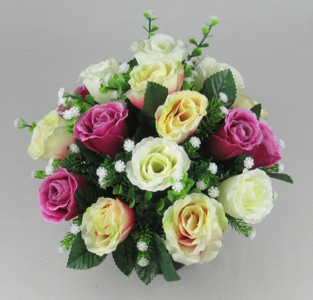 Artificial silk rose memorial grave arrangement with pale yellow, purple and white blooms