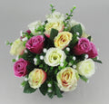 Artificial silk rose memorial grave arrangement with pale yellow, purple and white blooms