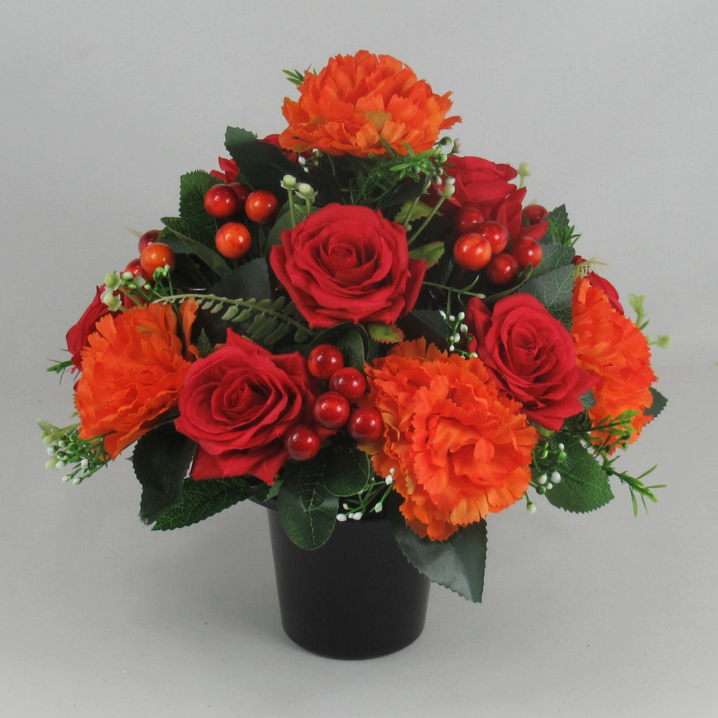 Artificial flowers in Grave pot, 26cm, in warm autumn shades HANDMADE