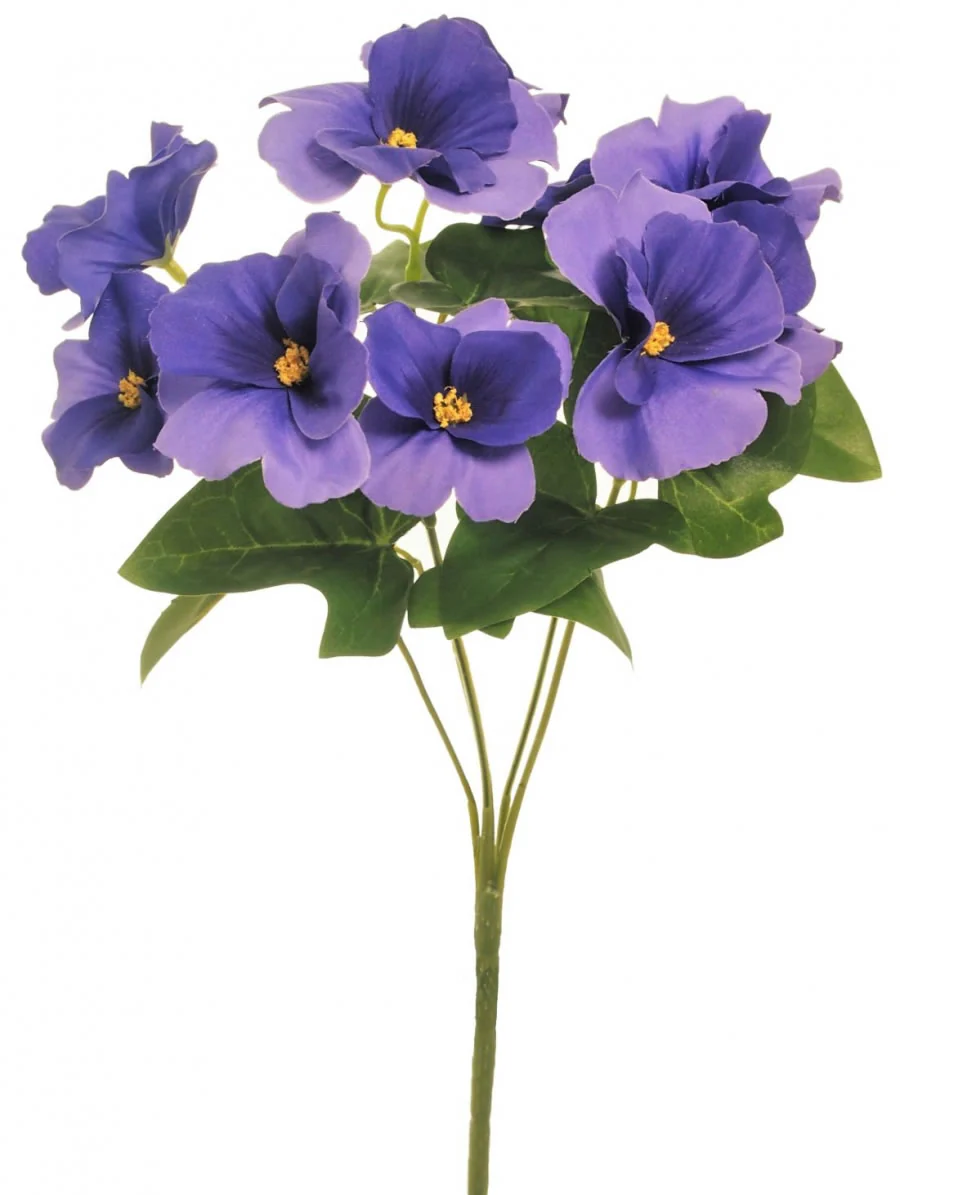 Artificial silk pansy bunch with purple-blue blossoms and green leaves