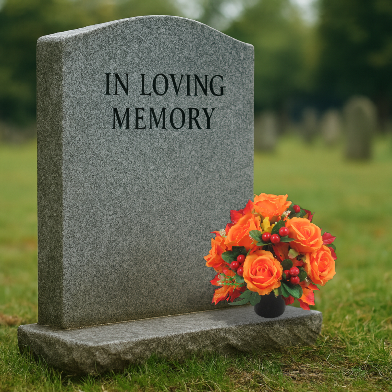 Memorial grave arrangement with orange roses and red berries in a small black pot by stone