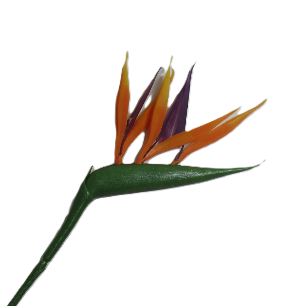 Artificial bird of paradise stem with green leaves, orange and purple bracts