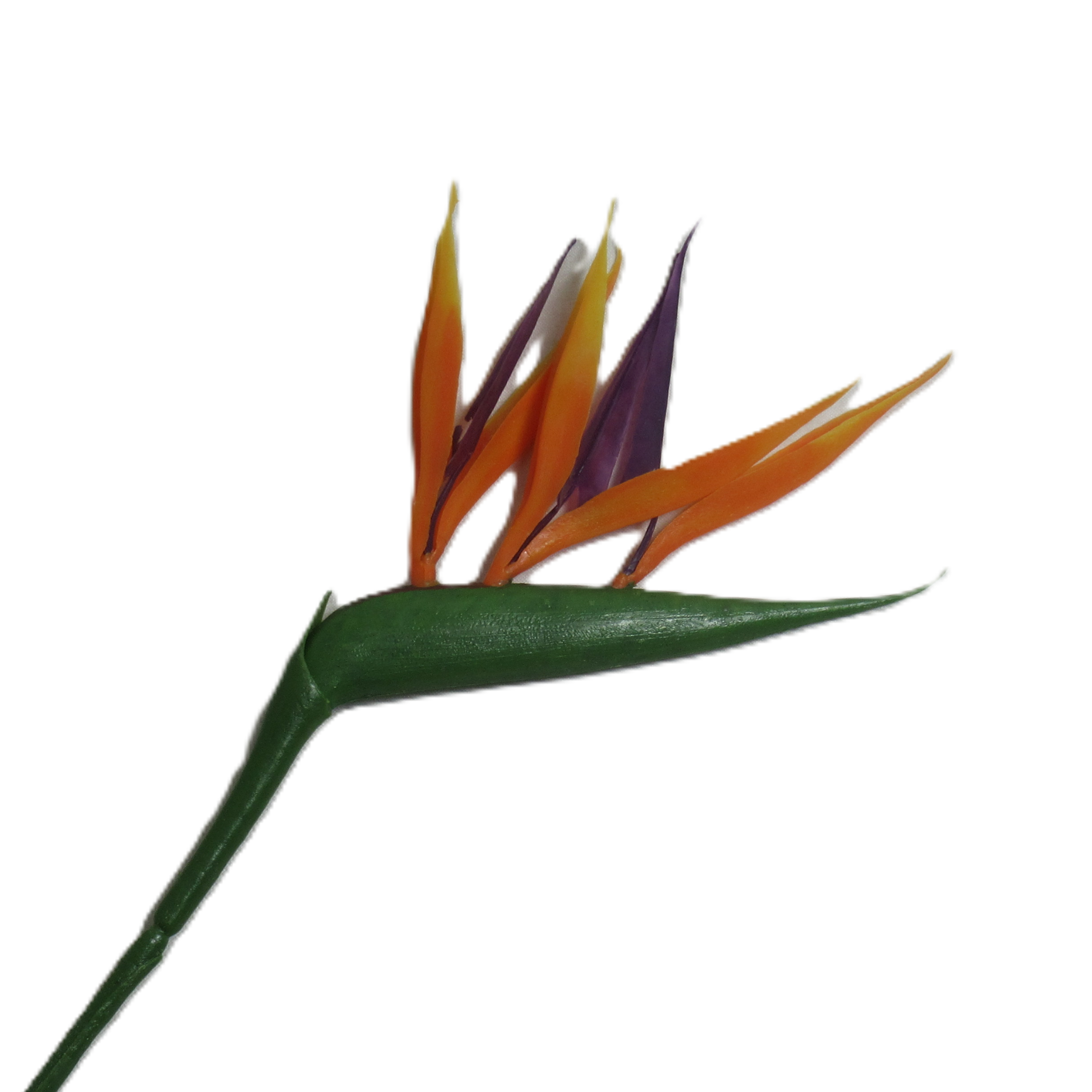 Artificial bird of paradise stem with green leaves, orange and purple bracts