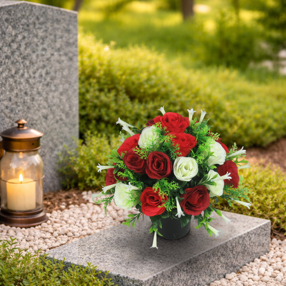Artificial silk grave flower arrangement with red and ivory roses in a black memorial pot