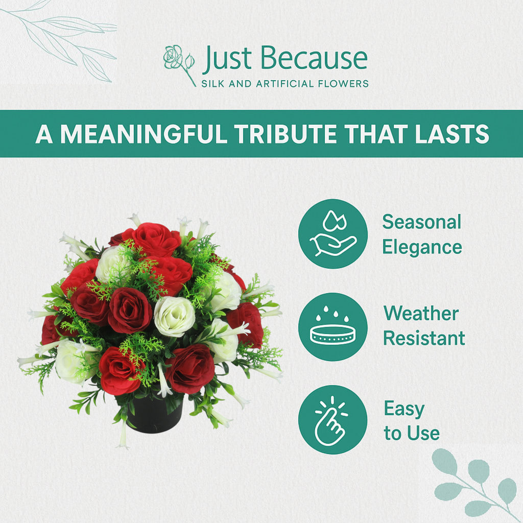 Artificial red and ivory roses in a black memorial pot, shown with weather-resistant and easy-use icons