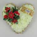 Artificial heart memorial wreath with white petals, red poinsettia bouquet, and gold “DAD” ribbon