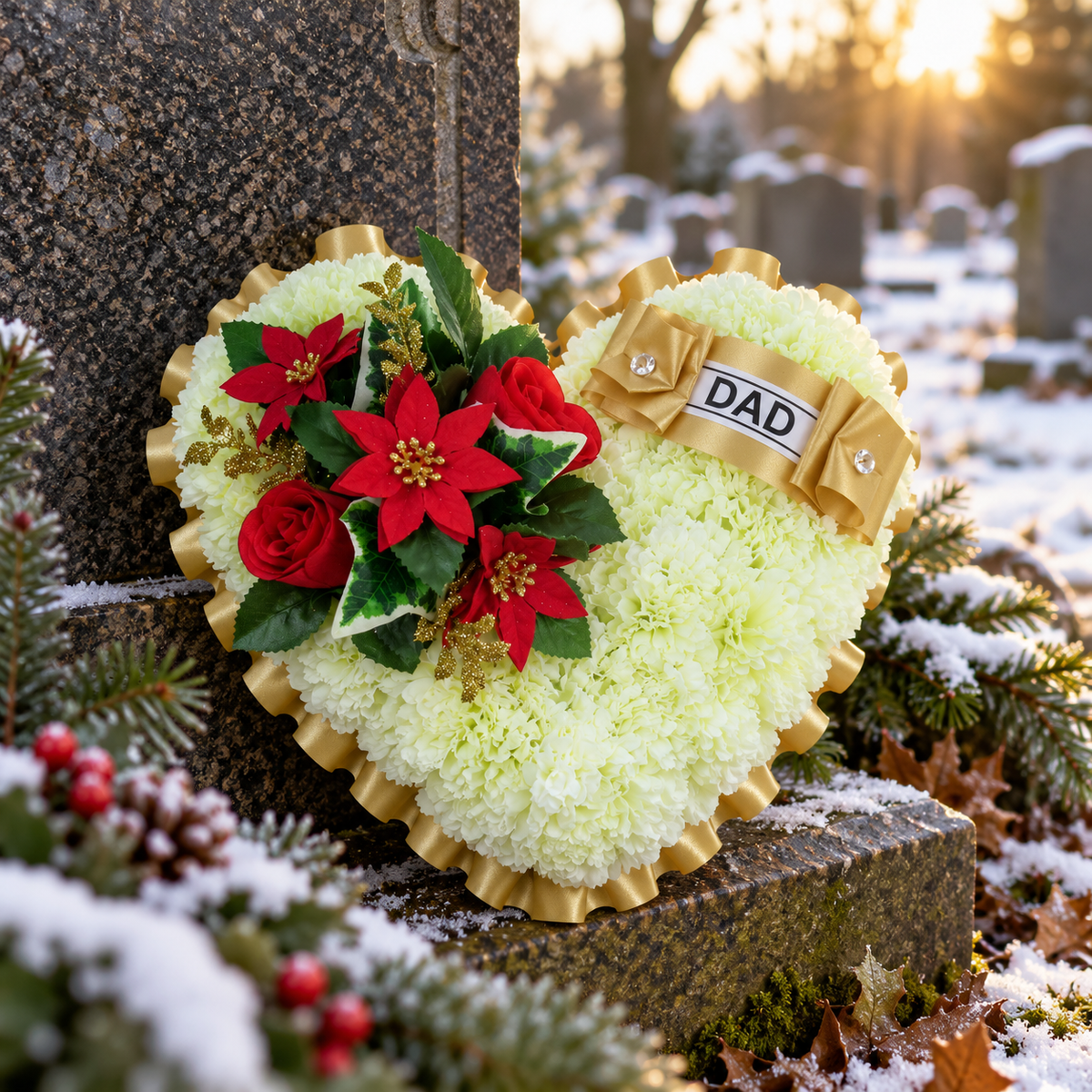 Artificial heart wreath with white blooms, red poinsettia and roses, and gold “DAD” ribbon