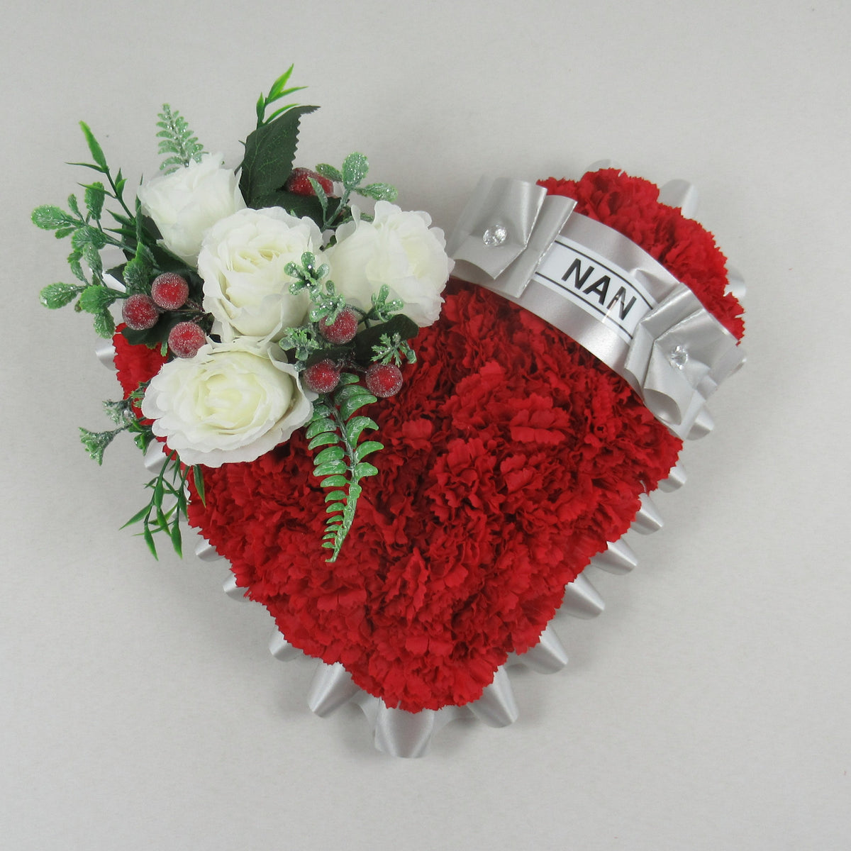 Red artificial heart wreath with white frilled edge, ribbon bow, white roses, NAN