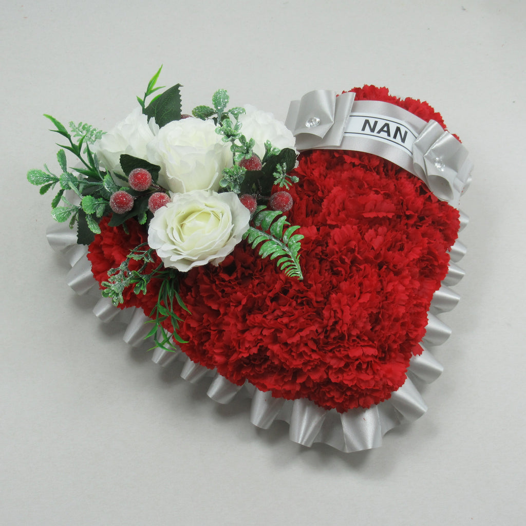 Red artificial heart wreath with white frilled edge, greenery accents, white roses, ribbon NAN