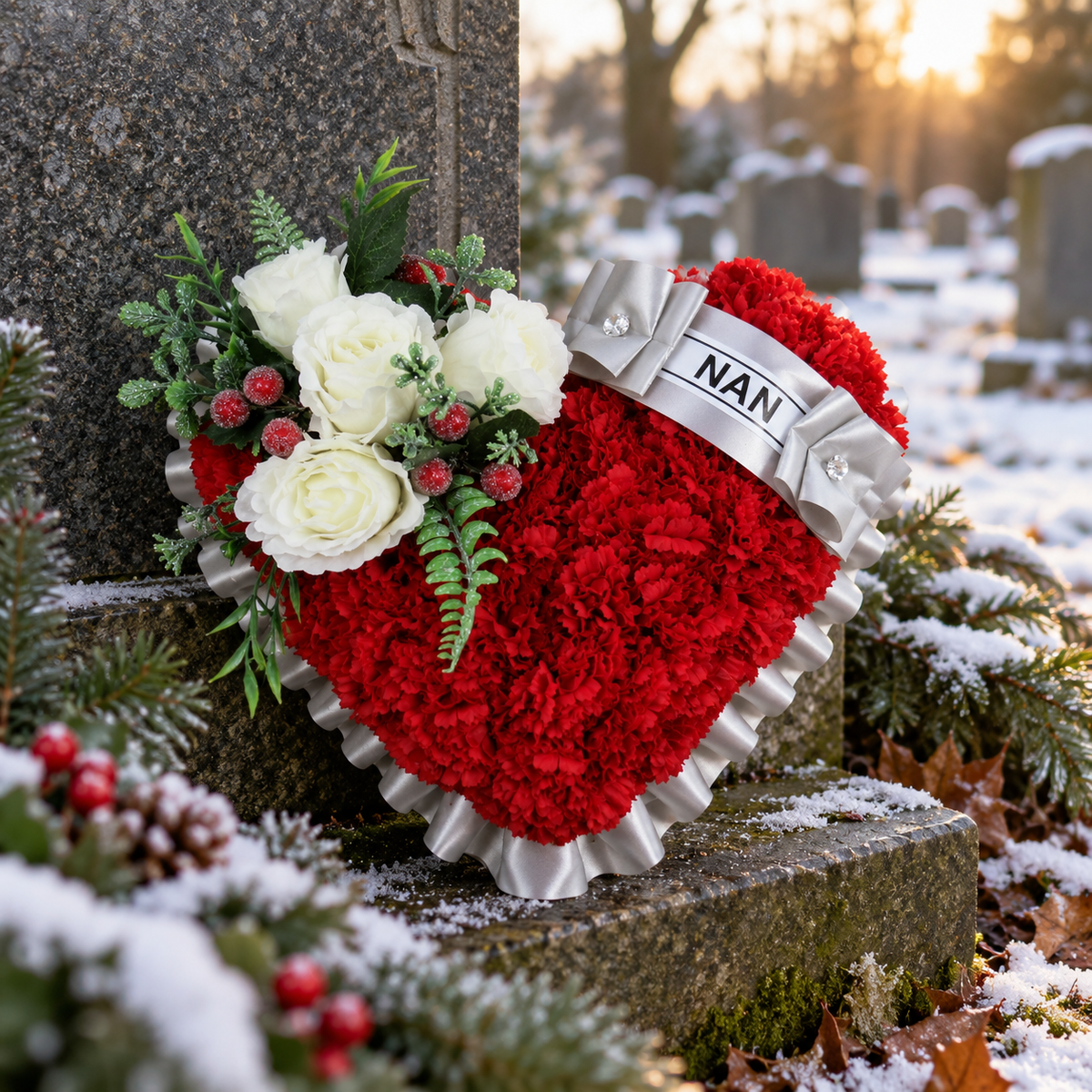 Red artificial heart wreath with white roses, greenery, and ribbon NAN on stone grave